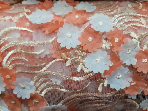Fabric By The Yard Coral Lace 3d Embroidery Floral Flowers Sequin On Mesh Prom - Picture 10 of 12