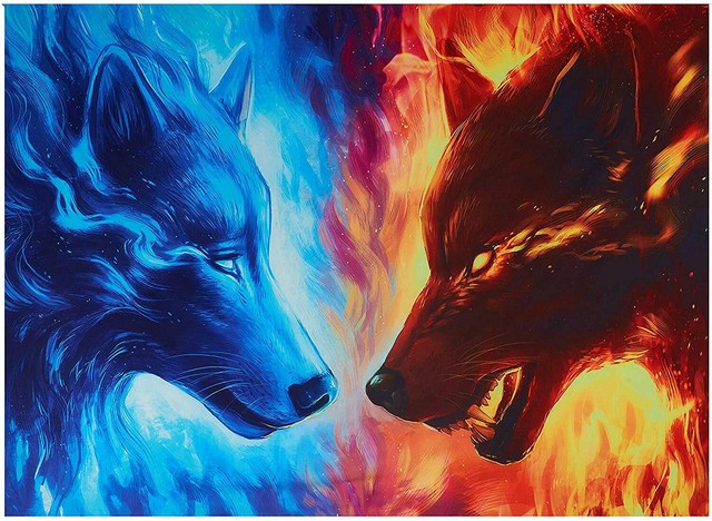 Nice Tapestry Fire & Ice Wolves Blue & Red Wild Fierce