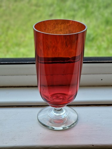 Vintage Ruby Red Cranberry Glass Hurricane Clear Stem Based Vase - Picture 2 of 12