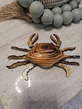 Wooden Crab Figurine Art Tropical Nautical Seafood Nets 7.5" Long