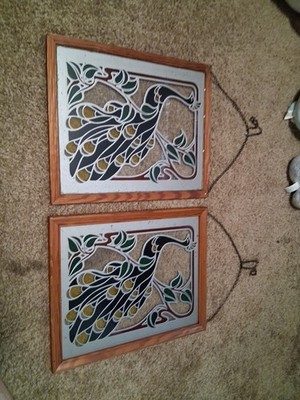 Pair of Framed Decorative Peacock Stained Glass Window Panels, Multicolor, Wood