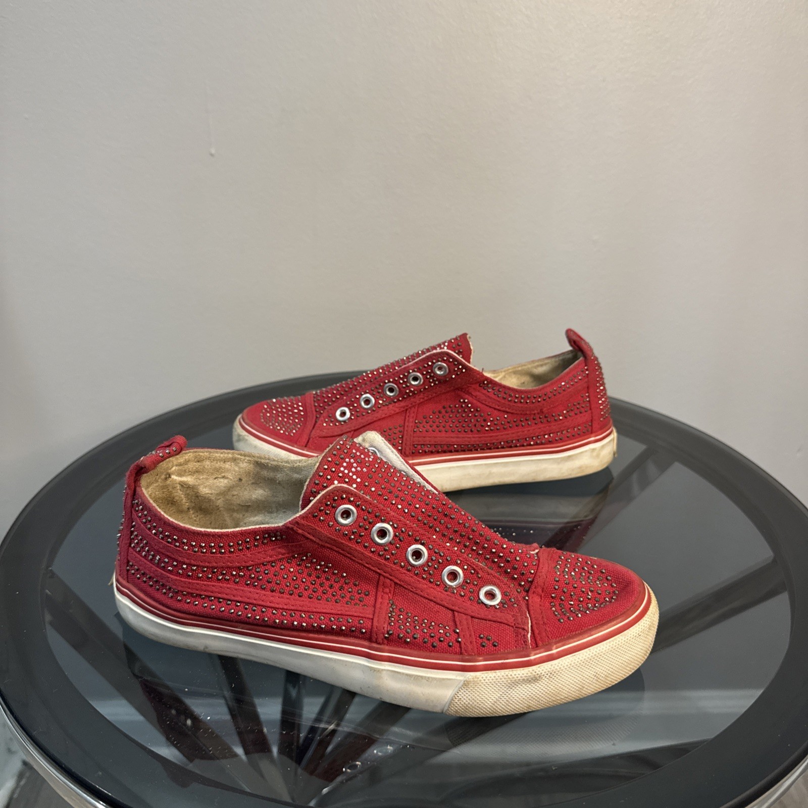 True Religion Women's Rhinestone-Studded Canvas Slip-On Sneakers Red Size 8 Y2K