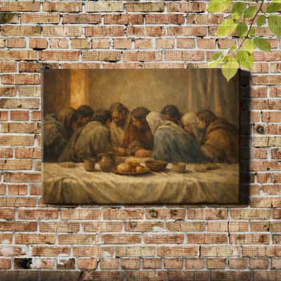 Robed gathering at table Wall Art warm amber light through window