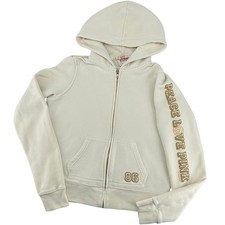 VTG y2k Women's Cream Victoria's Secret PINK Dog Peace Zip Cropped Hoodie Sz L