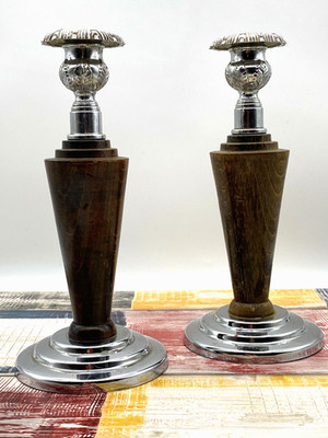 Antiker Kerzenständer Paar Silber Metall Eiche Akanthusplatte Art Deco 1930er