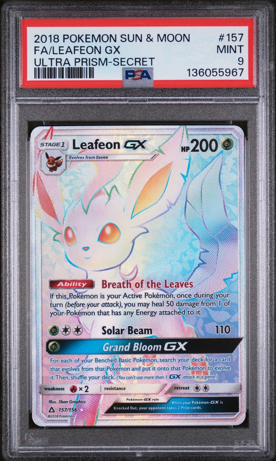 2018 POKEMON SUN & MOON ULTRA PRISM SECRET #157 FULL ART/LEAFEON GX PSA 9