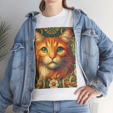Whimsical Cat Art Tee, Orange Feline, Unique Birthday Gift, Unisex Heavy Cotton