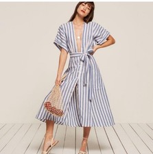 Reformation Blue White Striped Geneva 100% Linen Midi Dress Sz 0 No belt Coastal