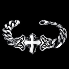 14mm-8in Cross Bangle Cuban Link Chain Stainless Steel Hip-hop Bracelet for Men