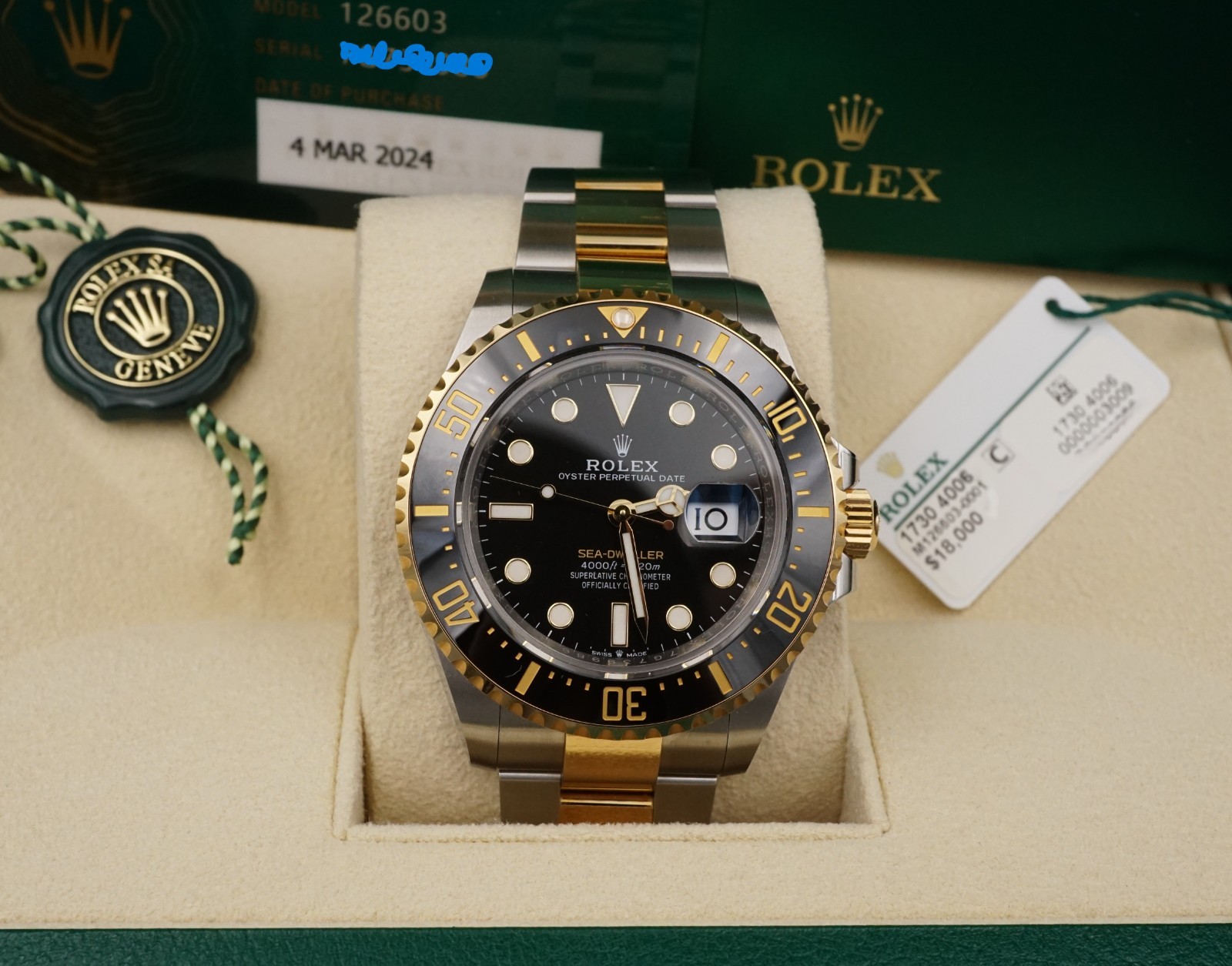 2024 Rolex Sea-Dweller 18k Gold SS Date 126603 43mm Full Set Box Card Tag W1488