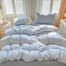 Gingham Duvet Cover Queen Size, 3PCS Light Blue White Checkered Plaid Duvet