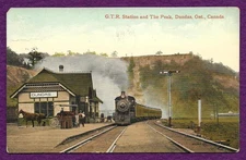RAILROAD POSTCARD G.T.R. STATION AND THE PEAK, DUNDAS ONT. CANADA