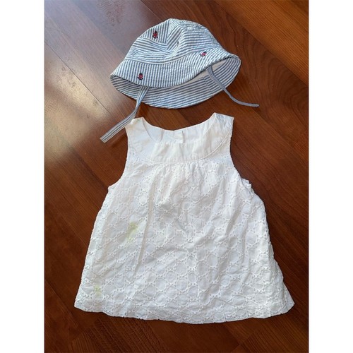 Janie and Jack Girl White Eyelet Top & seersucker Striped Hat Set  stained dress