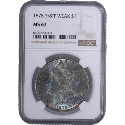 1878 $1 Morgan Silver Dollar - 7/8TF Weak ~ NGC MS 62 - Subtle Blue Obverse Tone