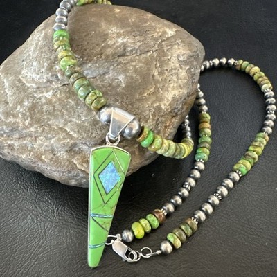 Womens Green Gaspeite Turquoise Opal Pendant Sterling Silver Necklace 19547