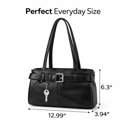Women s Black Shoulder Bag Belt Detail Key Charm Compact Top Handle Purse