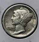 1916 Mercury Silver Dime AU/UNC Near FB First Year Of Issue