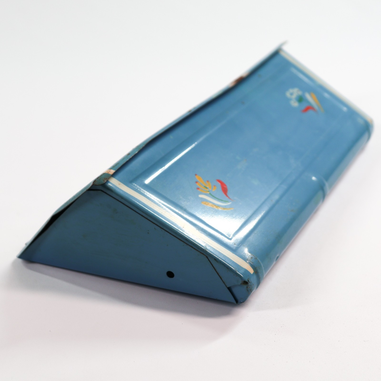 Vintage Ransburg Metal Mailbox Hand Painted Toleware Tin Blue Floral Flowers HTF