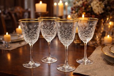 Lenox Fontaine Wine Glasses Set 4 Gold Rim Etched Floral Elegant Vintage |  eBay