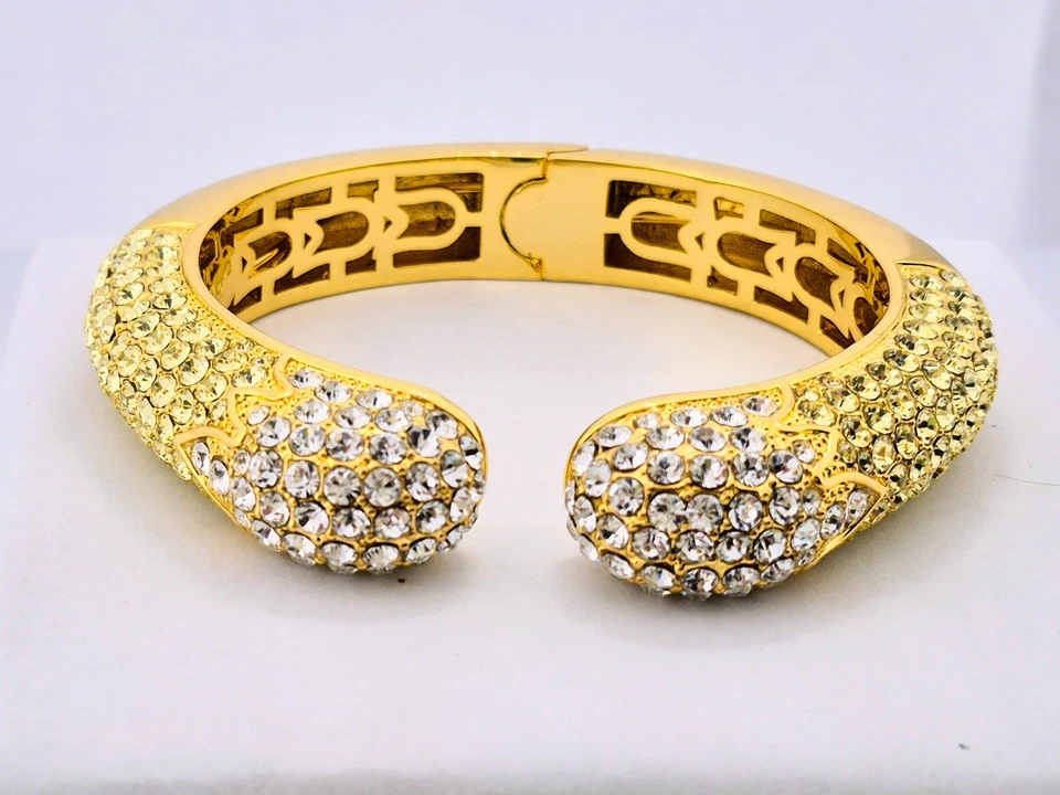 Joan Boyce Gold Tone Kissable, Pave Crystal Cuff w Yellow and White Rhinestones. - Image 2 of 4