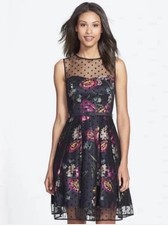 Eliza J Polka Dot Mesh & Print Charmeuse Fit & Flare Dress