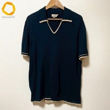 wpc HERMES Polo Shirt L Navy Beige Short Sleeve Knit V Neck Cashmere Blend Made