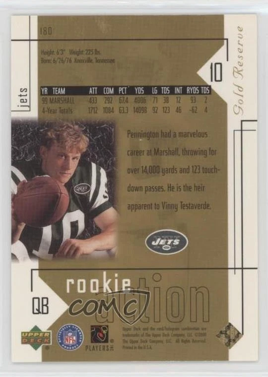 2000 Upper Deck Gold Reserve Rookie Action /2500 Chad Pennington #180 Rookie RC - Image 2 of 2