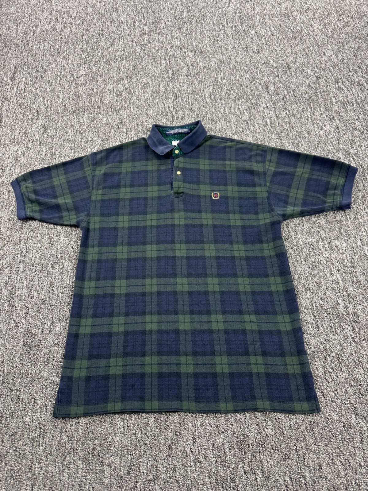 Tommy Hilfiger Shirt Men Medium Green Tartan Plaid Blackwatch Rugby Polo Vtg
