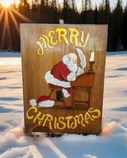 Merry Christmas Hand Tole Painted Santa Claus Solid Wood Plaque Folk Art Vintage