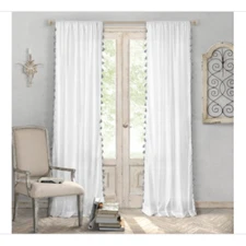 Bianca Window Panel White/Gray 52in X 84in Cotton with tassels