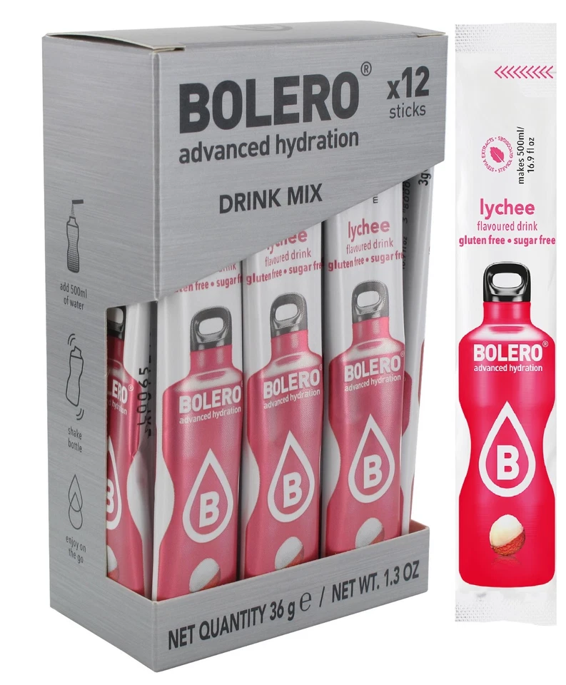 (165,28€/kg) 12 Sticks Bolero Litschi Lychee Pulver Getränkepulver zuckerfrei