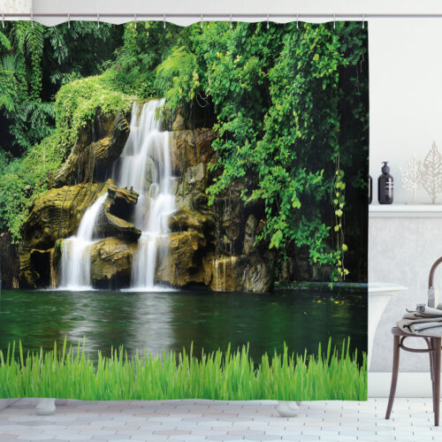 Nature Shower Curtain Lake Garden Waterfall Print for Bathroom - Picture 1 of 6