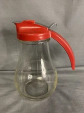 Vintage   The Dripout Server Syrup Honey Glass & Metal Dispenser Red