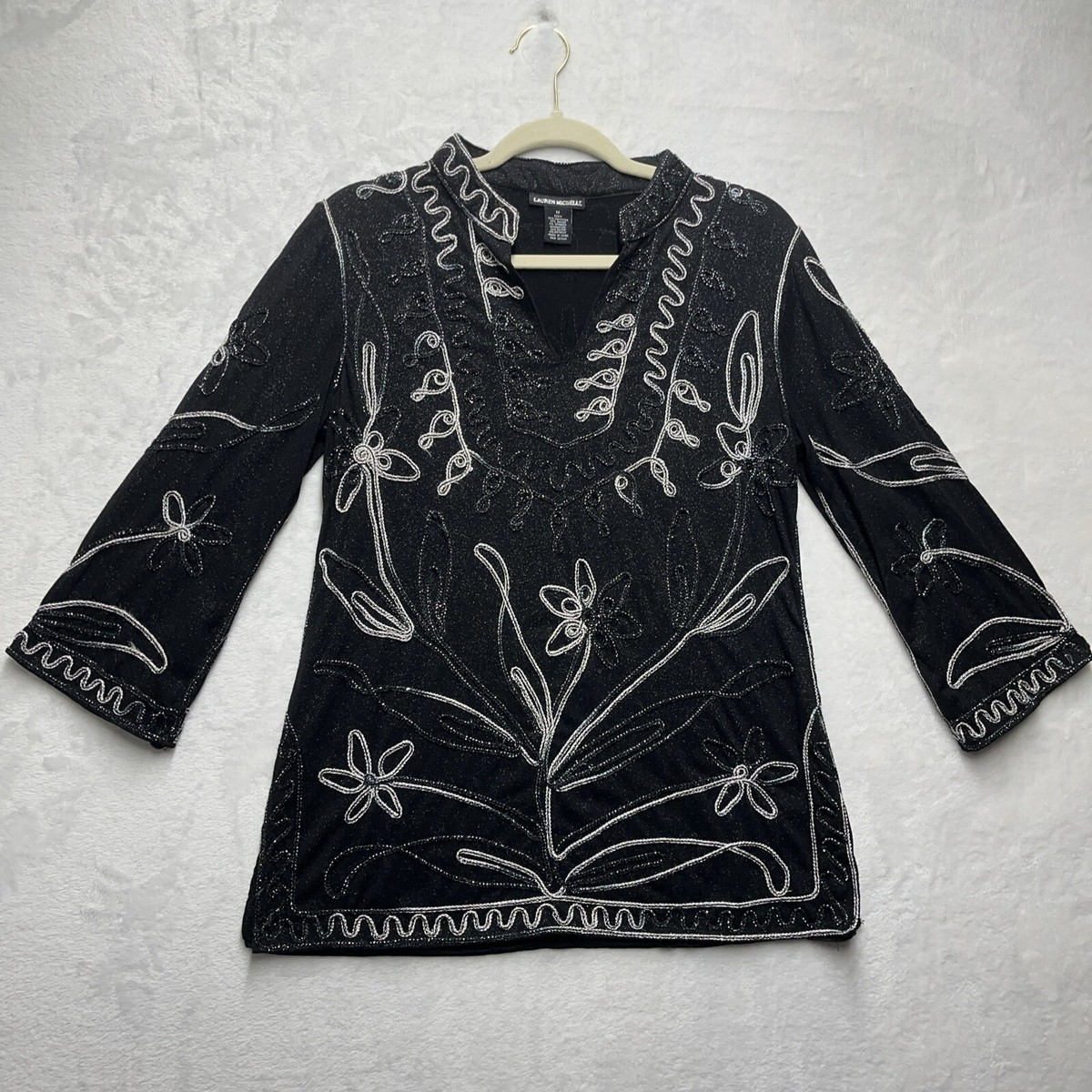 Lauren Michelle Blouse Women's M Black Silver Floral Ribbon