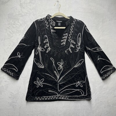 Lauren Michelle Blouse Women's M Black Silver Floral Ribbon