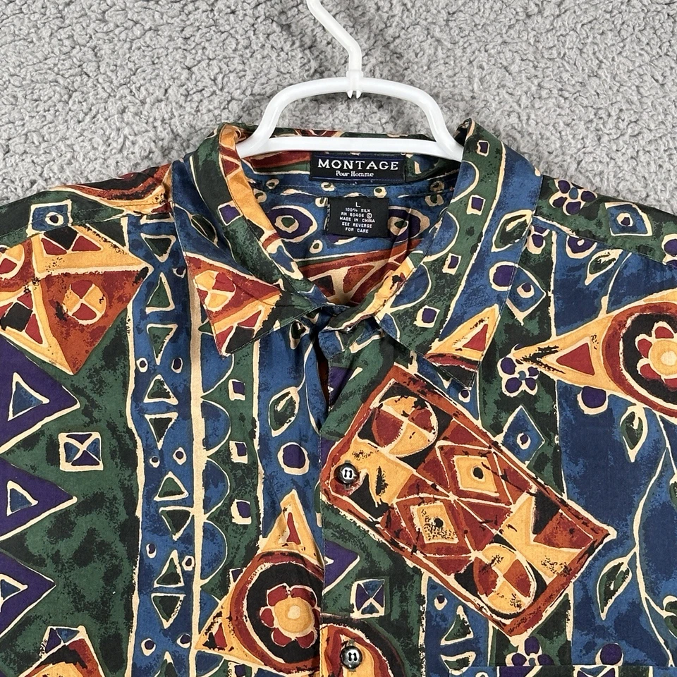 Montage Pour Homme 100% Silk Shirt Mens L Blue Geometric Pattern Button Up - Image 2 of 4
