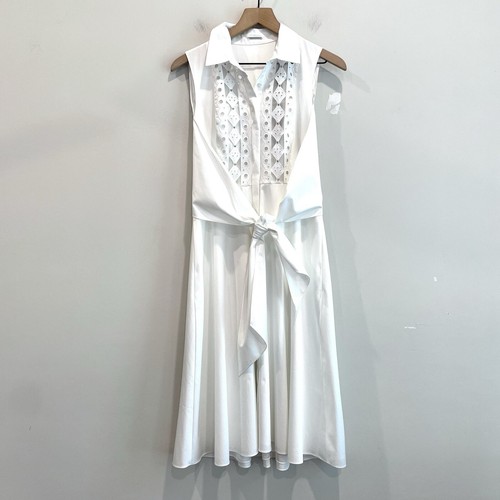 Elie Tahari Womens 2 Poplin Sleeveless Eyelet Studded Tie Front Dress White FLAW - Picture 3 of 15