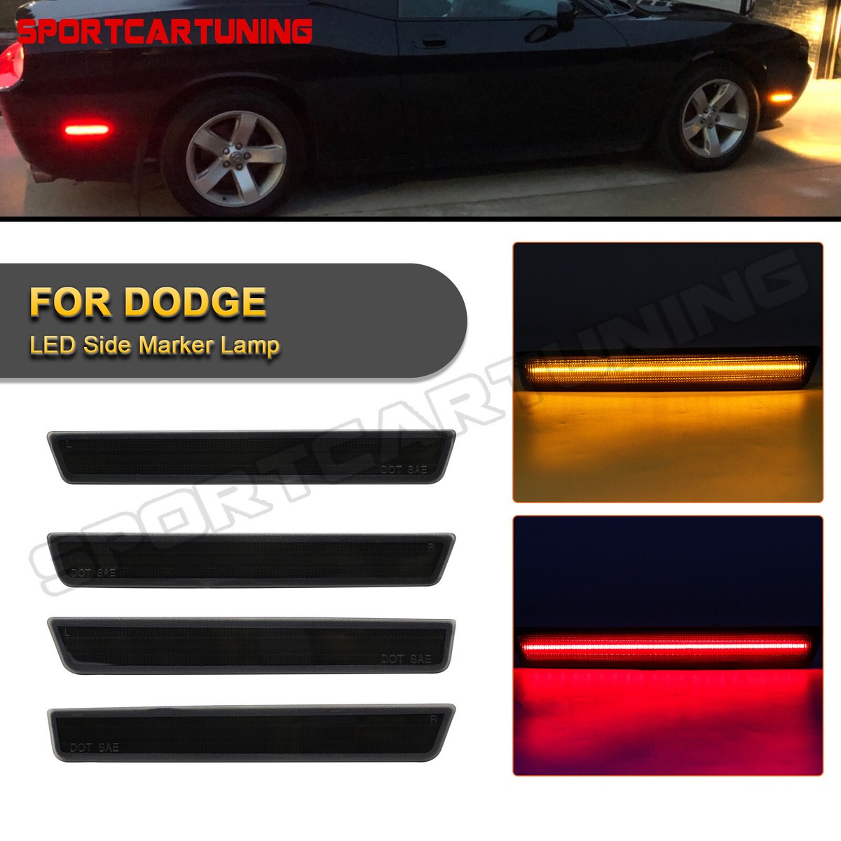 4x Smoked LED Side Marker Lights For 2015-2022 Dodge Challenger R