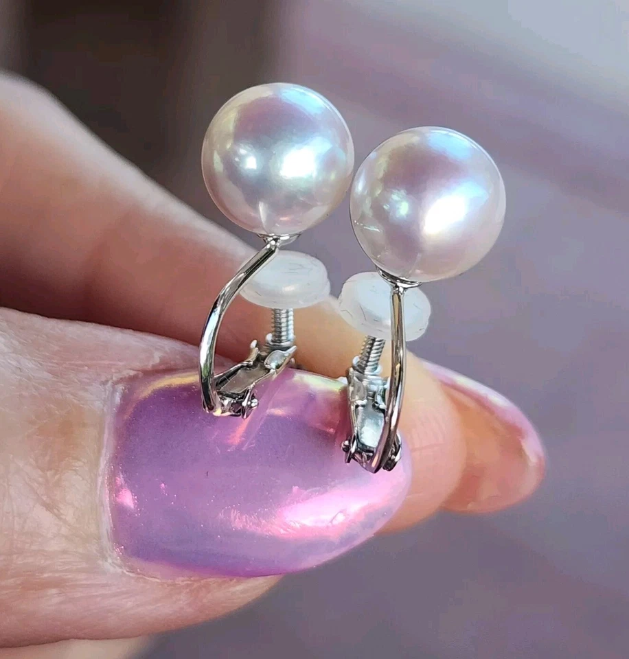 ¡HERMOSOS ARETES DE ORO BLANCO MACIZO DE 14kt PERLA AKOYA NATURAL 9mm! Foto 4 de 4