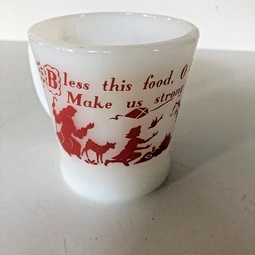 Vintage Fire King Anchor Hocking Mug D Handle Bless This Food Prayer Milk Glass