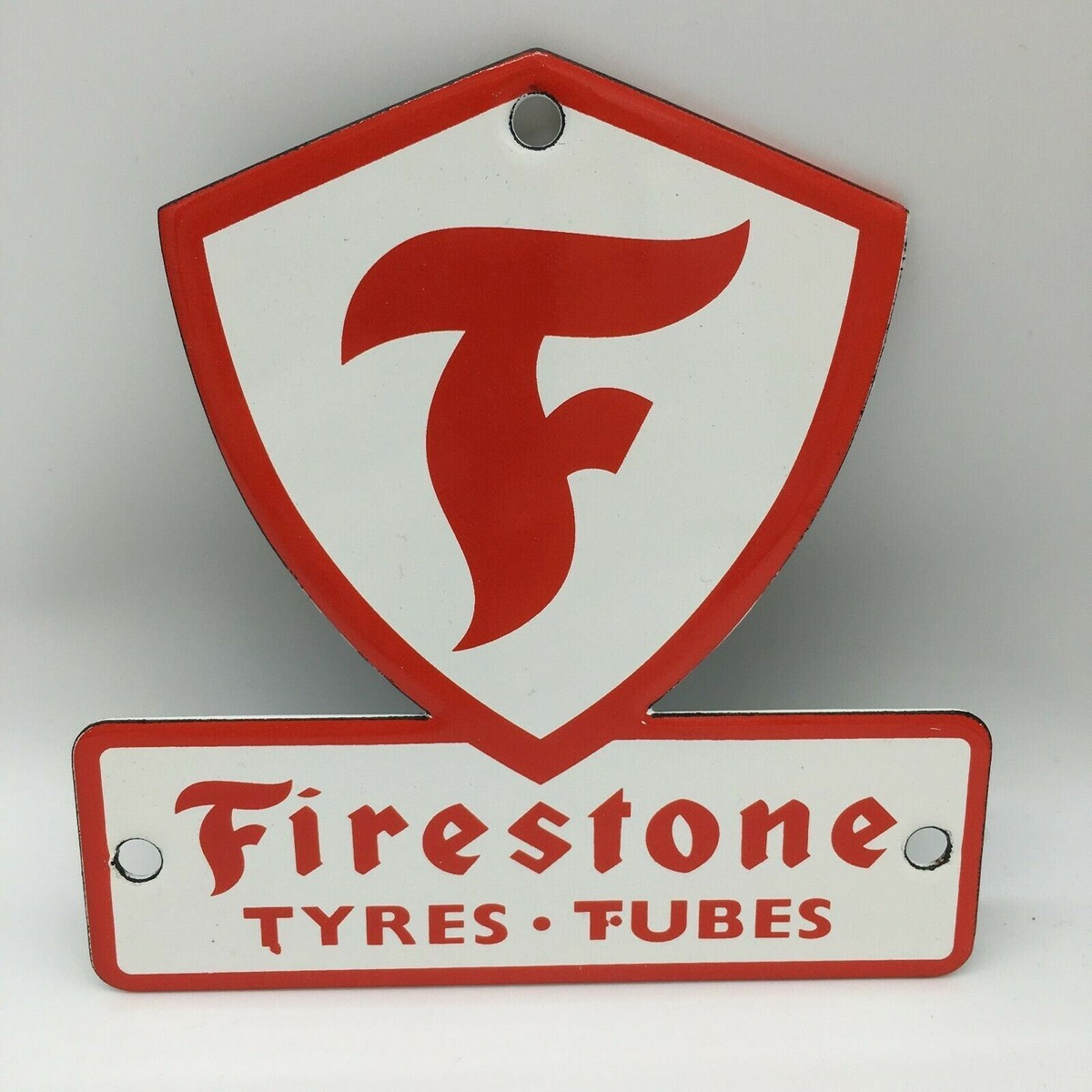 Vintage Firestone Tires White Red Metal Enamel Gas Station Deco