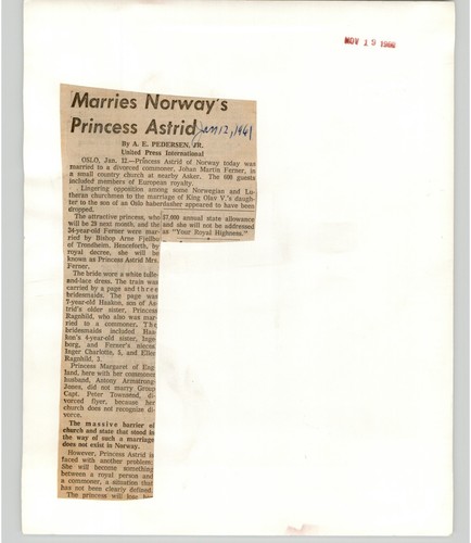 Princess of NORWAY ASTRID Marries JOHAN MARTIN FERNER 1961 Press Photo Royal - Picture 2 of 2