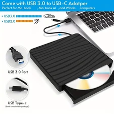 Portable CD Burner Player Type C External DVD Drive USB3.0 Remote for Laptop PC