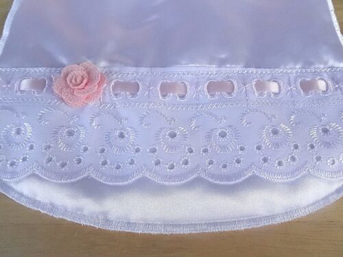 Baby Satin Bib White Pink Flower Girl Broderie Anglaise Lace Christening Lined - Picture 16 of 17