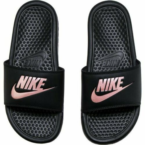 Womens Nike Benassi JDI Slip On Slides Sandals Black Rose Gold 343881 007  Sz 9 - Picture 1 of 8