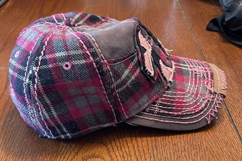 VTG True Religion Horseshoe Distressed Pink Plaid Trucker Cap Hat Snap Back - Picture 6 of 6
