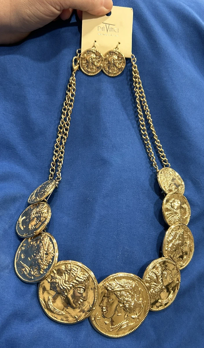 DaVinci 10k Gold Plated Necklace And Earring Set Roman Coins NEW 22