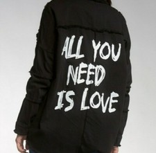 Elan Women’s “all You Need Is Love” Distressed Shirt Jacket Black Size S