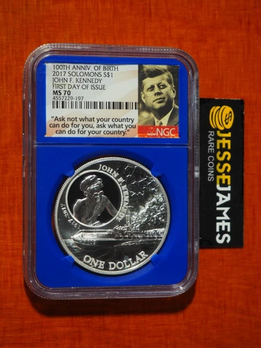 2017 $1 SOLOMON ISLANDS SILVER JOHN F. KENNEDY NGC MS70 FIRST DAY OF ISSUE 1 OZ