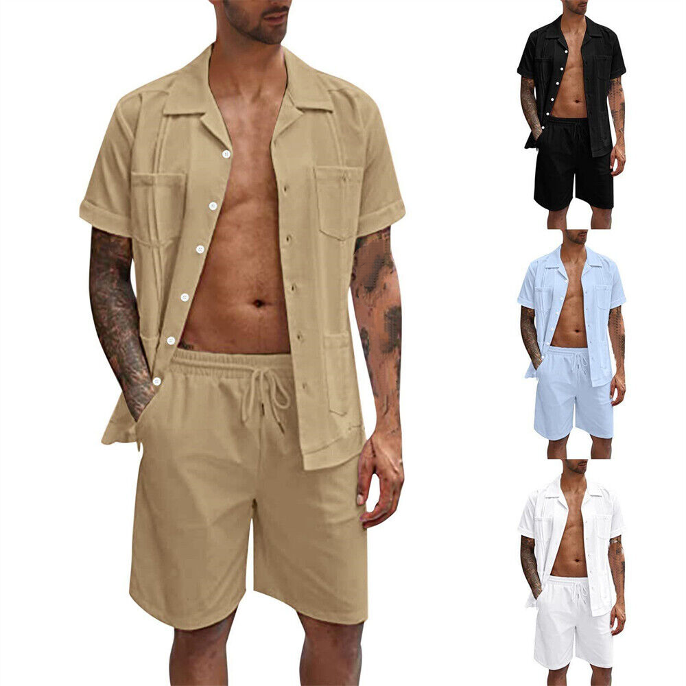 Men Outfit 2-Piece Set Short Sleeve Button Shirt and Shorts